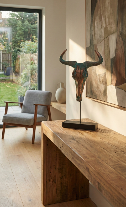 Modern interior with wooden table, bull skull sculpture, and armchair.