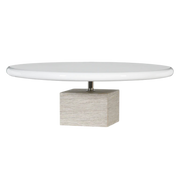 Round white table with a square base on a white background