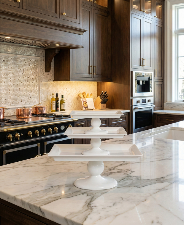 Modern kitchen with marble countertop, stainless steel appliances, and wooden cabinets.