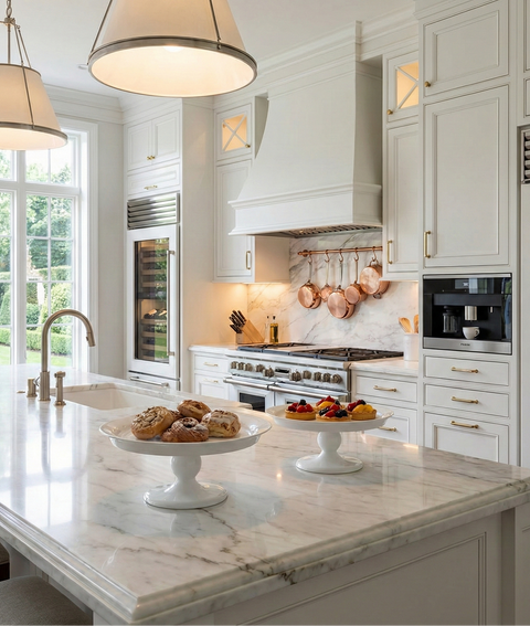 Modern kitchen with marble island, white cabinets, and stainless steel appliances.
