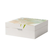 White hand painted box with floral design on a white background