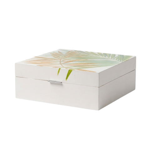White hand painted box with floral design on a white background