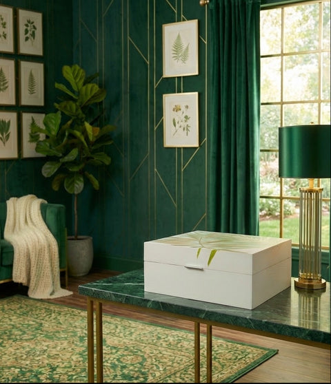 Decorative interior with green walls, a white box on a table, and framed botanical prints.