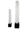 Two white serrated tools with black bases on a white background