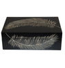 Black box with gold feather design on a white background
