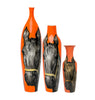 Three orange vases with black horse illustrations on a white background