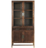 Wooden cabinet with glass doors and metal handles on a white background