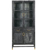 Dark wooden cabinet with glass doors and gold handles on a white background