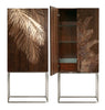 Wooden cabinet with palm leaf design on doors, open to reveal shelves.
