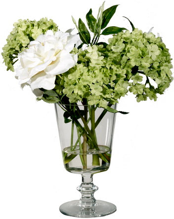 Hydrangea/ Rose Arrangement in Footed Glass
