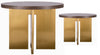 Two sizes of a round table with a polished golden metal base and a round wooden top.