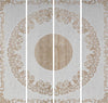 Four white wooden panels of wall art featuring intricate hand-carved French lace patterns. Wooden Art Panels. 