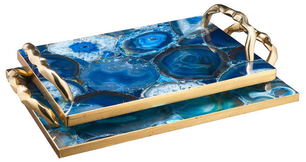 Blue Agate Tray with Gold Handles