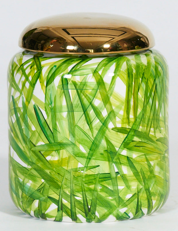 Areca Palm Jar with Golden Lid