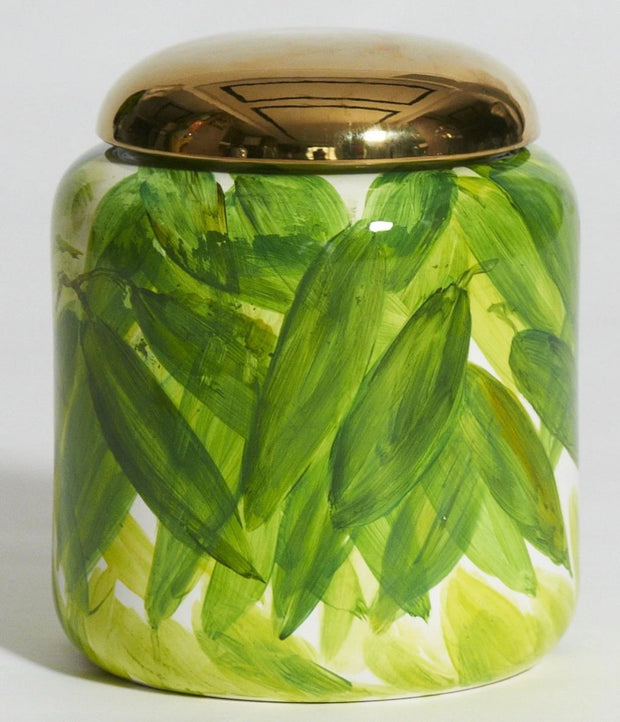 Tropical Leaves Jar with Golden Lid
