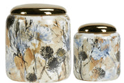 Floral White Jar with Golden Lid