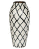 An oval-shaped white vase with a geometric diamond pattern in black.
