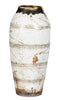 A ceramic vase with a vertical, ribbed design, featuring shades of off white, brown, and bronze.