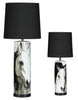 A pair of table lamps with a black and white horse portrait, featuring a cylindrical shape and a fabric shade.